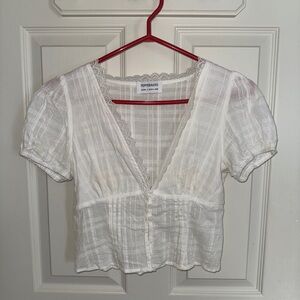 Peppermayo Sweet Lullaby Button Up Shirt White Button-Up Blouse with Lace Detail